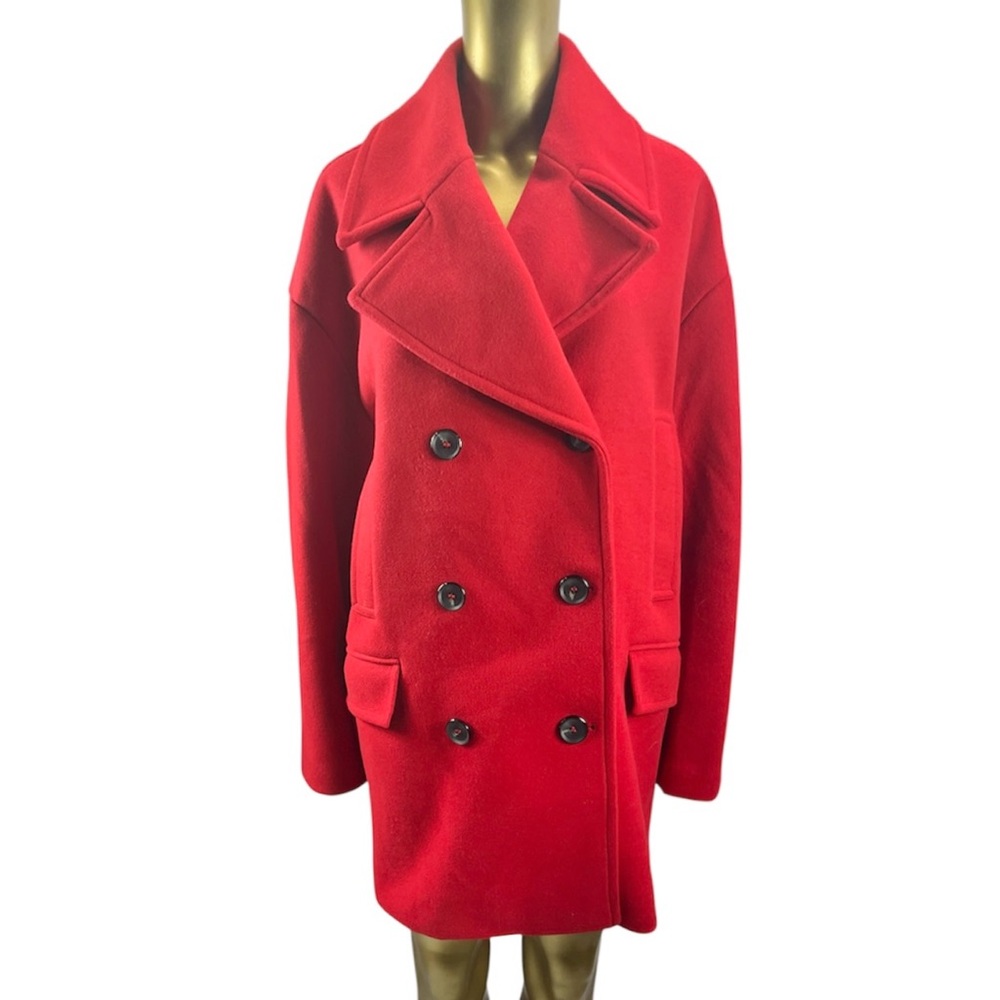 Zara Vibrant Red Pea Coat XXL Double Breasted Coat with Black Buttons